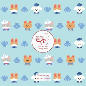 May include: A repeating pattern on a light blue background features cartoon animals in sailor outfits, seashells, and the text "Pom Pom Dots." The animals include bunnies, bears, and cats. The image also includes the text "Not AI made Bunny made" and the file name and dimensions.