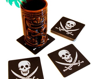 Flag Black PIRATE SKULL /& CROSSBONES DRINKS COASTER MAT CORK SQUARE SET X4