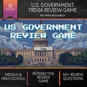 Puede incluir: Gráfico digital para un juego de revisión de trivia del gobierno de EE. UU. La imagen presenta el edificio del Capitolio de los EE. UU., texto pixelado y un botón "Play". El texto incluye "Middle & High School", "Interactive Review Game" y "60+ Review Questions".