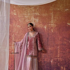 May include: A woman's ensemble featuring a dusty rose velvet tunic with long sleeves and a matching skirt. The outfit includes a light pink shawl with gold trim and a delicate beaded necklace and headpiece. The background is a textured, reddish-brown wall.