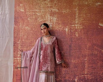 Traje de boda pakistaní con salwar kameez y dupatta de terciopelo bordado