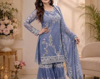 Elegant Embroidered Kurti Sharara Set with Dupatta Pakistani Style Salwar Kameez