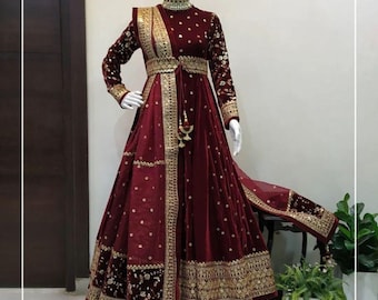 Kurta Anarkali de terciopelo granate con dupatta bordada, ropa de fiesta pakistaní