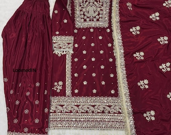 Embroidered Farshi Salwar Suit: Crepe Silk Indian Punjabi Outfit