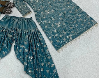 Crushed Silk Dhoti Salwar Set with Sequins Embroidery, Festive Indian Wear