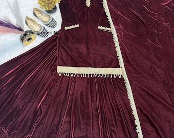 Velvet Anarkali Lehenga Suit: Thread Work, Readymade 3-Piece Set