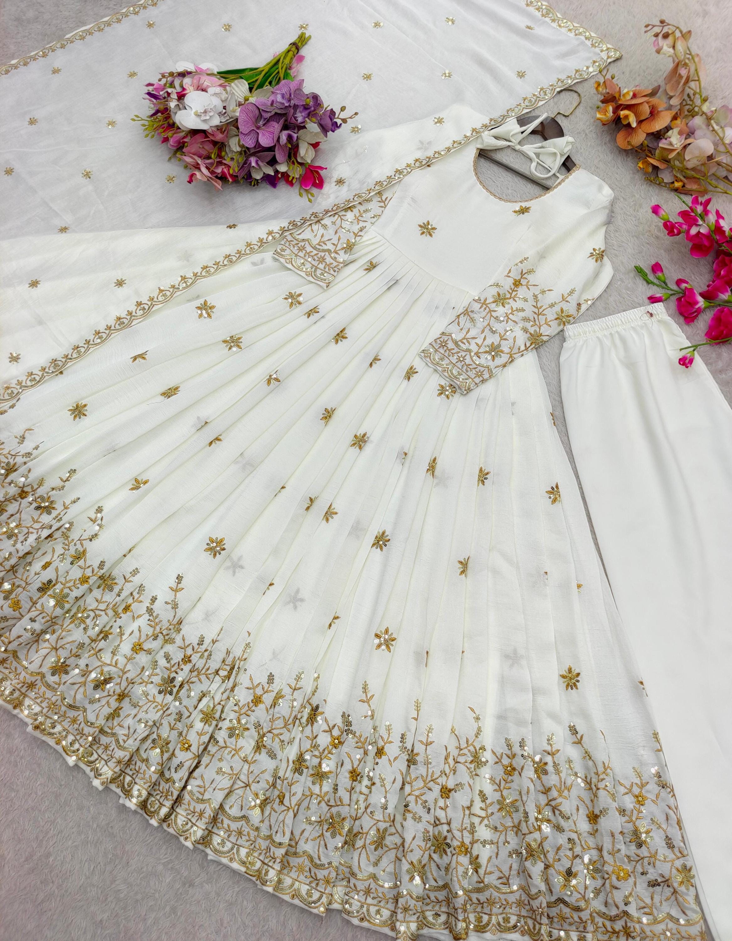 white and gold asian dress DreamDress By PMN Jiayi Ao Dai Inspired White Wedding Dress Gown Illusion Neckline & Back Golden Couture Lace White Chiffon Pants Sweep