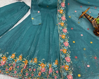 Conjunto Anarkali de seda crocante bordada | Roupa para festa de casamento indiana
