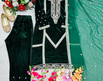 Green Velvet Embroidered Salwar Kameez, Pakistani Party Suit