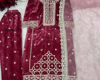 Salwar Kameez bordado de terciopelo, traje de boda pakistaní