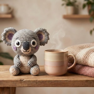 Puede incluir: Un koala de ganchillo hecho a mano, con grandes ojos y detalles morados, está colocado sobre una superficie de madera junto a una taza de café humeante. Una pila de prendas de punto dobladas en tonos neutros completa la escena.