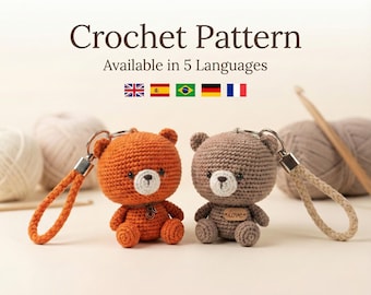 Crochet Bear Keychain Pattern PDF (Beginner Friendly) | Mini Amigurumi Teddy + Wrist Strap | 5 Languages Instant Download