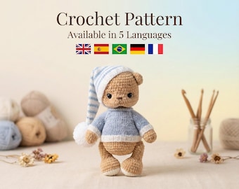 Plush Teddy Bear Crochet Pattern, Amigurumi Bear PDF in 5 Languages, Beginner Friendly Stuffed Animal Tutorial, DIY Crochet Toy with Clothes