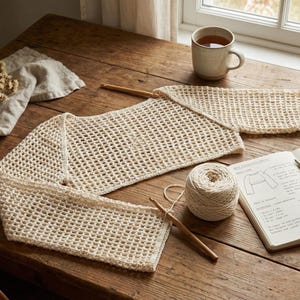 May include: A cream-colored, open-weave crochet project is laid out on a wooden table, alongside a ball of yarn, crochet hooks, and a notebook with diagrams. A mug of tea and dried flowers are also present.