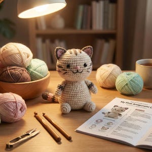 Puede incluir: Un gato amigurumi tejido a ganchillo está sentado sobre una mesa de madera, rodeado de ovillos de lana, ganchillos y unas tijeras. Se ve un libro abierto titulado "My First Amigurumi Cat". Una taza de té y una cinta métrica también están sobre la mesa.