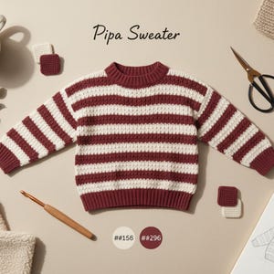 Puede incluir: Un suéter a rayas burdeos y crema con la etiqueta "Pipa Sweater". El suéter tiene cuello redondo y mangas largas. La imagen incluye una taza de té, tijeras, un ganchillo y un boceto del suéter.