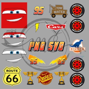 Può includere: Una collezione di adesivi grafici digitali con volti di auto rossi con occhi blu, il numero 95, fulmini gialli, un carro attrezzi marrone, pneumatici neri e rossi, un logo Dinoco, un cartello Route 66, trofei dorati e un emblema Rust-eze.