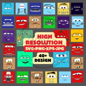 Cars Faces SVG Cliparts Bundle, Cars Tshirt Design Cartoon Cliparts, Cars Sublimation Lightning McQueen Tow Mater Cliparts Bundle (Digital