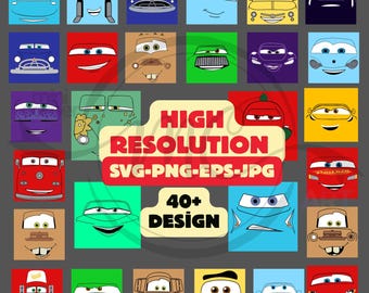 Pacchetto di clipart SVG con facce di auto, clipart di cartoni animati con design di magliette di auto, pacchetto di clipart di sublimazione di Saetta McQueen Tow Mater (digitale)