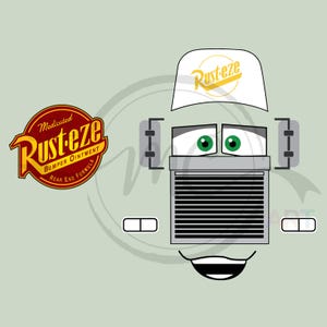 May include: Illustration of a cartoon character's face, featuring a white cap with "Rust-eze" in yellow, green eyes, and a smiling mouth. A "Rust-eze" logo in red and yellow is on the left. The background is a light green color.