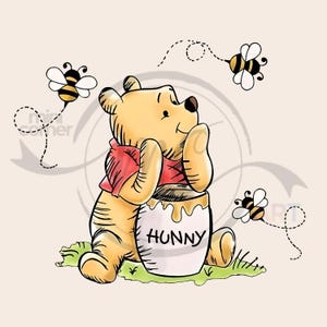 May include: A yellow bear wearing a red shirt sits on green grass, leaning on a white pot labelled HUNNY. Three small bees with black and yellow stripes fly around the bear, each following a dotted flight path. The illustration features black outlines.