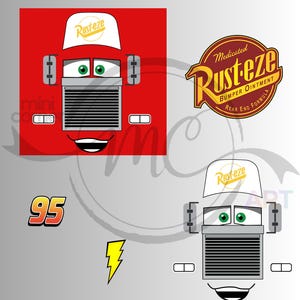 Può includere: Faccia di camion dei cartoni animati rossa con occhi verdi, un cappello bianco con testo "Rust-eze" e una bocca sorridente. Include il numero "95" e un fulmine giallo. Presenta anche un logo "Rust-eze".