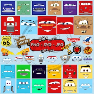 May include: A digital collection of 50 plus designs featuring various character faces from the Cars movie franchise, including Lightning McQueen and Tow Mater, alongside logos, Route 66 signs, and racing icons in PNG, SVG, and JPG file formats.