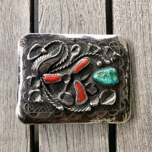 Vintage Navajo Silver Turquoise Coral Belt Buckle Stamped EJ  display picture 3