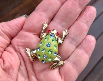 Vintage Rhinestone Enamel Green Blue Gold Tone Frog Pin Brooch