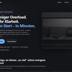 Könnte beinhalten: Dunkles Website-Design mit dem Text "Weniger Overload. Mehr Klarheit. Dein Start - in Minuten." Ein Laptop zeigt eine Schreibtischszene mit einer Pflanze, Kopfhörern und einem Notizbuch. Die Website hat einen dunklen Hintergrund mit blauem und weißem Text.