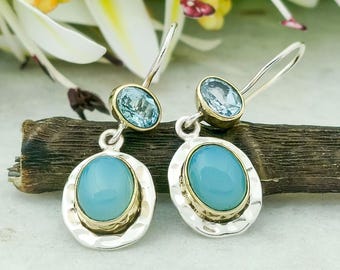 Turquoise Drop Earrings Blue Topaz Earrings Sterling Silver Handmade Boho Dangle Jewelry Gift For Her