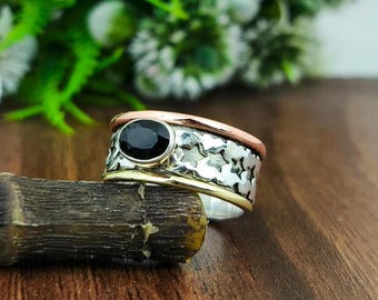 Black Onyx Gemstone Spinner: 925 Sterling Silver, Promise Ring Handmade Jewelry Gift For Wife