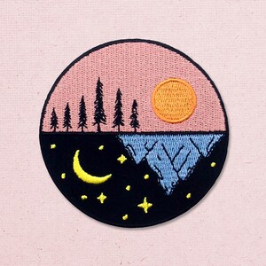 Embroidered Sun and Moon Mountain Patch, Hiking Backpack Patches Iron On | 3 in