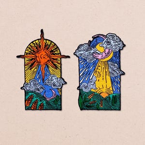 Apliques bordados com sol e lua para jaqueta e mochila - Apliques termocolantes