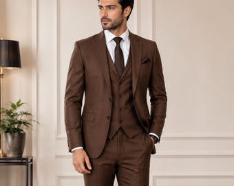 Brown 3 Piece Men Custom Wedding Prom Suit Slim Fit Formal Office Wear