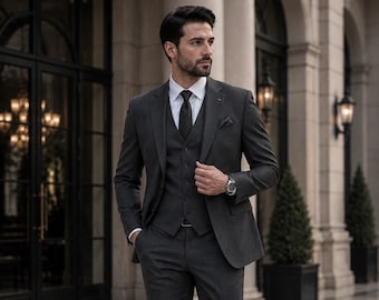 Dark Grey Men's 3 Piece Suit Custom Tailored Wedding Formal Suit
