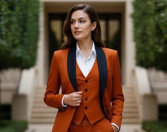 Classic Slim Fit Rust 3pc Suit For Women Partywear, Formal & Business wear.