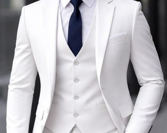 Classic White 3pc Suit For Men Wedding, Prom, Grooms & Groomsman