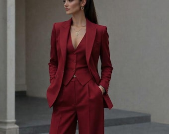Completo rosso rubino da donna in 3 pezzi, per feste, ufficio e matrimoni