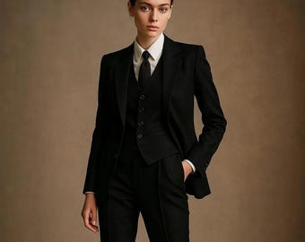 May include: A black suit with a white collared shirt and black tie. The suit includes a blazer, vest, and trousers. The model is standing in front of a brown background. The suit is tailored and appears to be made of a fine fabric.