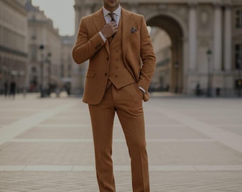Men's Tweed Wool 3-Piece Suit, Wedding Groomsmen Suit