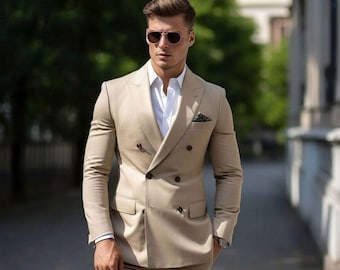 Classic Slim Fit Beige Two piece Double-Breasted Suit for men Partywear & Grooms
