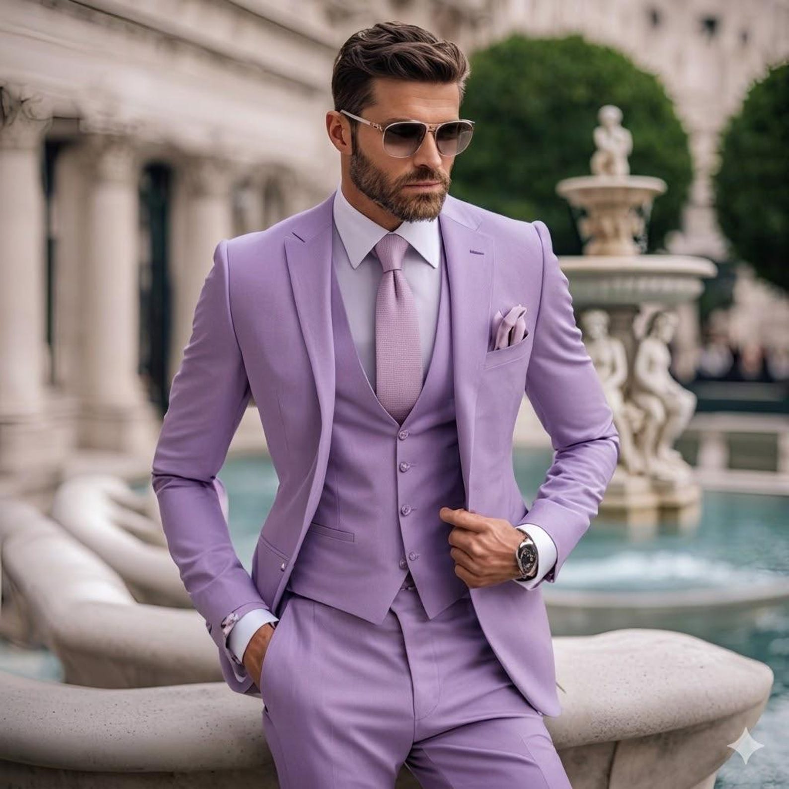 Purple suits, ties and jewelry for the groom - lilac 3-piece suit for the groom