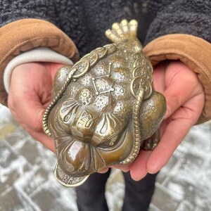 May include: A bronze-colored, three-legged toad figurine, a symbol of wealth and prosperity. The toad is detailed with coins and textured skin. The figurine is held in open hands, showcasing its intricate design and metallic sheen.