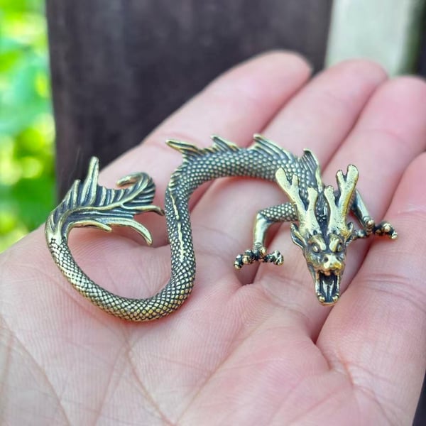 Vintage Brass Dragon Figurine Handheld Decorative Collectible Art Ornament