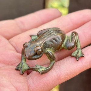 Puede incluir: Pequeña figura de rana de bronce con detalles finos. La rana tiene una superficie texturizada y una pátina verdosa. Sus patas están extendidas y sus ojos son prominentes. Un objeto decorativo.