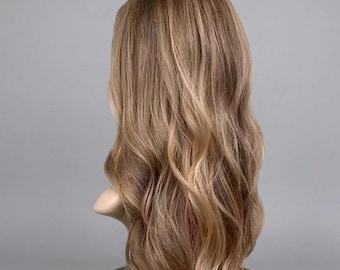 Europese topper van echt haar | Handgebonden balayage met bruine wortelblonde highlights