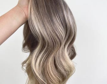 Blonde Human Hair Topper with Ombre Brown Roots and Bangs | Real Hairpiece for Women