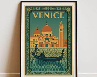 Venice Travel Poster - Art Deco Gondola Print, Vintage Italy Wall Art, Grand Canal Illustration