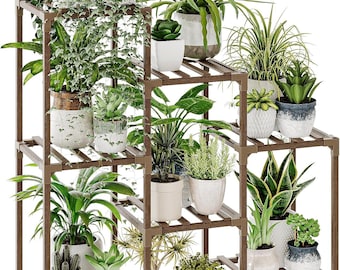 Bamworld Wooden Plant Stand 3 Tier Ladder Shelf • Indoor Outdoor Plant Rack • Boho Plant Holder for Living Room Patio Balcony Garden